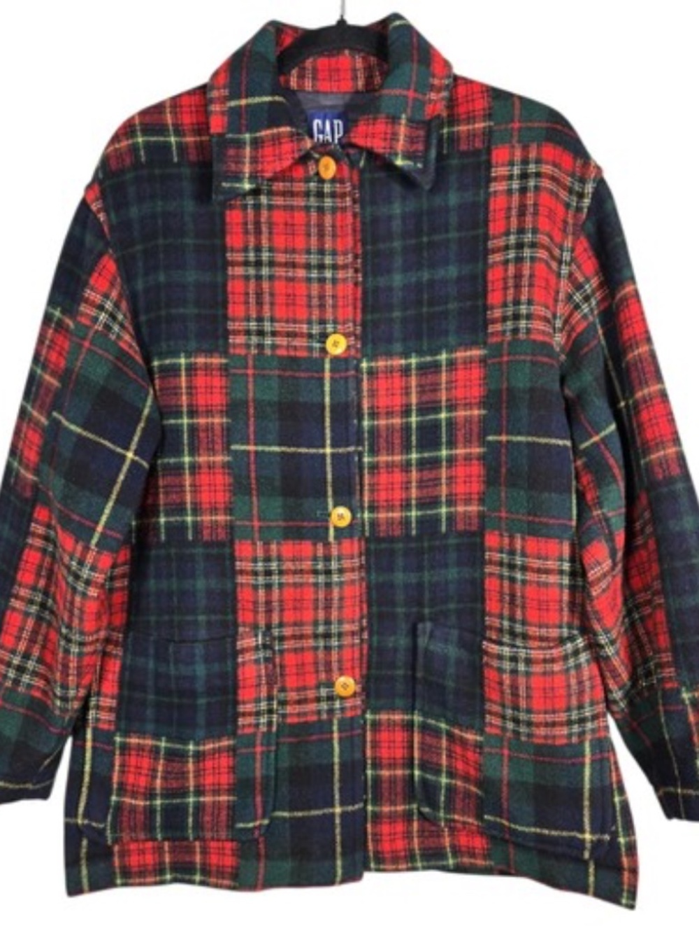 Red Green Plaid Wool M Patchwork Button Tartan Coat Vtg Gap Jacket Womens Jacket